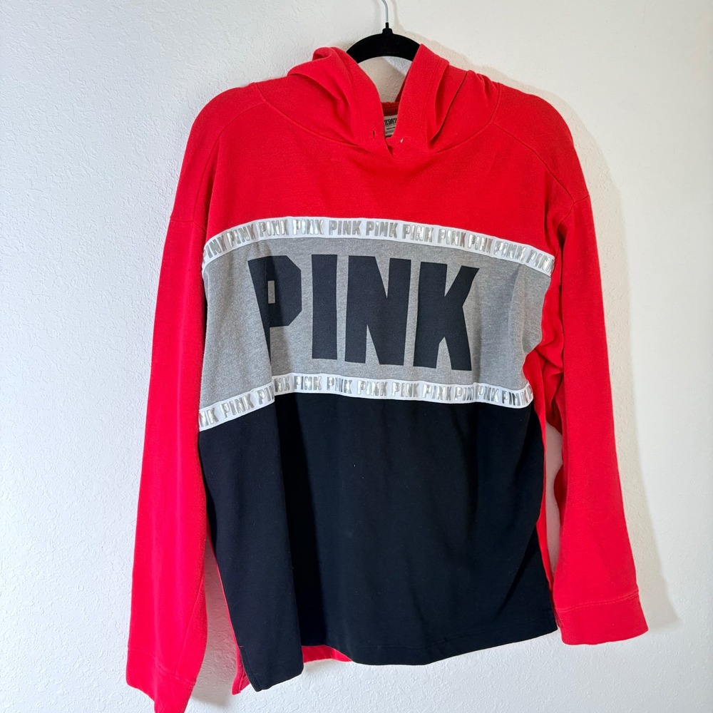 PINK Victoria's Secret Hoodie Medium Red Colorblock Logo Pullover Excellent